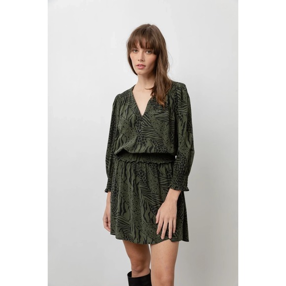 Rails Dresses & Skirts - Rails Zana Mini Dress Size Small S Olive Mixed Animal Stripe Crepe Smocked Waist